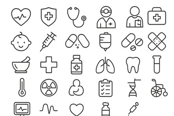 Aufkleber - Health and medical icons representing various aspects of healthcare, treatment, and wellness in a simple, modern design