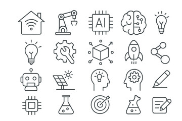 Poster - Creative design of modern technology icons illustrating concepts like AI, robotics, and renewable energy in a minimalistic style