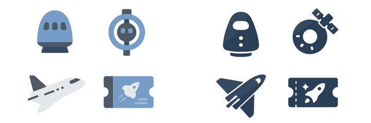 Poster - Icons representing various modes of transport including trains, spaceships, and tickets for travel