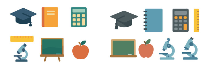 Poster - School-themed educational icons featuring graduation cap, calculator, notebook, apple, and classroom tools in a colorful design
