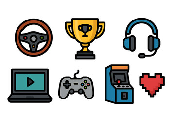 Aufkleber - Video game elements featuring a trophy, console, steering wheel, and headset showcasing gaming culture and competitive spirit