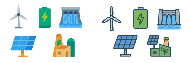 Poster - Energy sources represented by icons showcasing solar, wind, hydro, and battery technologies for renewable solutions