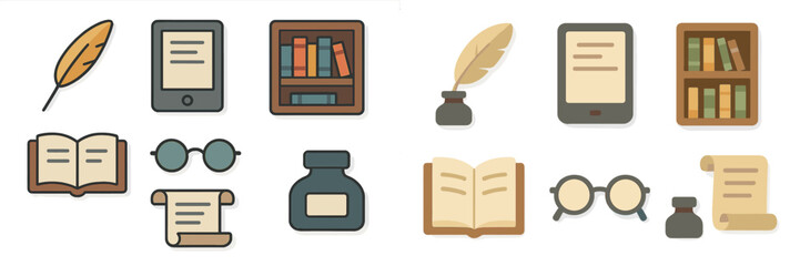 Poster - Icons representing reading, writing, and literature in a minimalist style showcasing books, quills, and reading materials