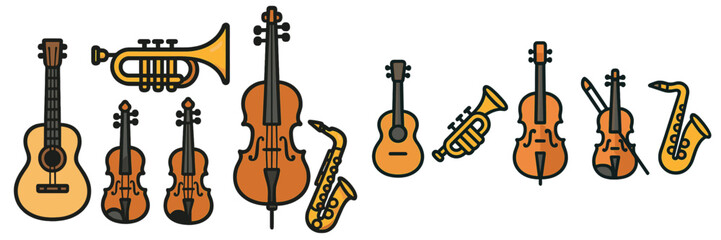 Aufkleber - Collection of various musical instruments including guitars, violins, trumpets, and saxophones arranged artistically