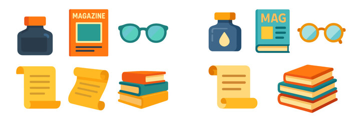 Leinwandbilder - Collection of colorful stationery items including magazines, ink, glasses, and books arranged on a clean background
