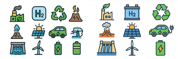 Poster - Exploring various energy types through icons highlighting renewable sources and hydrogen innovations in a creative design