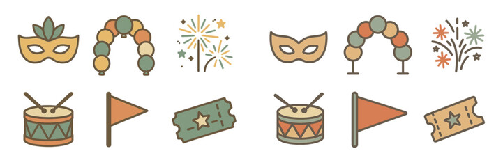 Aufkleber - Colorful celebration icons featuring masks, drums, and fireworks for festive occasions