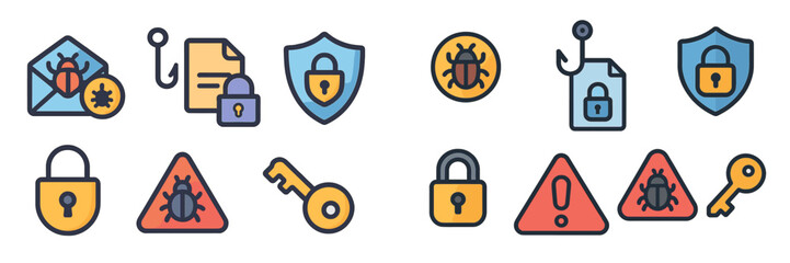 Aufkleber - Collection of cybersecurity icons representing phishing, malware, and data protection concepts in flat design style