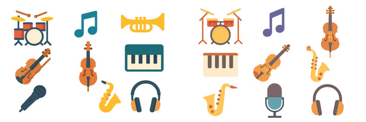 Poster - Colorful illustrations of musical instruments arranged in a balanced design for creative projects and educational purposes