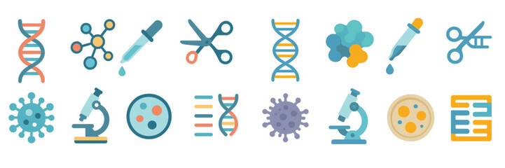 Aufkleber - Science and research icons representing various biological and chemical concepts in a colorful design