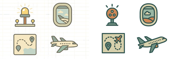 Poster - Travel icons representing airplane journeys, windows, maps, and adventure planning during daytime