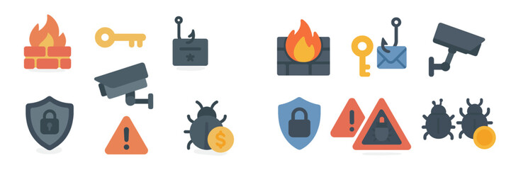 Poster - Security icons representing safety, surveillance, and fire prevention in a modern digital environment