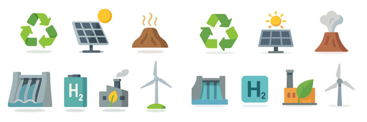 Poster - Renewable energy sources and sustainability icons illustrated in a modern flat design style for educational purposes