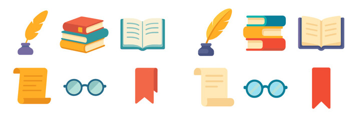 Poster - Colorful illustrations of books and writing tools set against a simple background showcasing reading and creativity