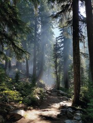 Aufkleber - Mist Clears From a Bright Path Through a Serene Forest at Dawn, Revealing Natures Tranquility and Beauty in the Light
