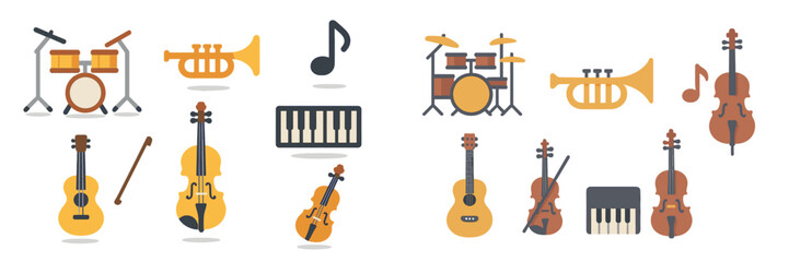 Aufkleber - Collection of musical instruments including drums, violins, trumpets, and guitars arranged in a playful, colorful design