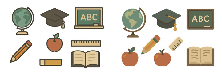 Poster - Education-themed icons depicting various school supplies, learning tools, and symbols of academic achievement in a colorful arrangement