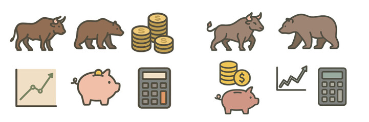 Poster - Symbols of finance and market trends illustrated through animals and monetary icons