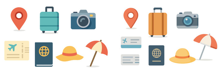 Poster - Travel essentials illustration featuring luggage, cameras, maps, and travel documents organized neatly on a flat surface
