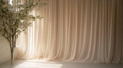Poster - Soft natural light filters through sheer curtains, illuminating a tranquil indoor space with floral accents