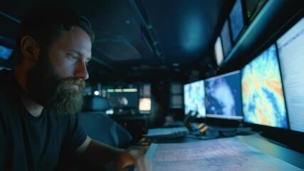 Poster - A crew member intently analyzing sonar data on a digital display in the control room of a ship with blueprints and topographic maps of the sea floor spread across the desk showcasing