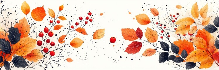 Wall Mural - Watercolor illustration of autumn leaves and red berries with ink splatters on a white background in artistic botanical style Generative AI