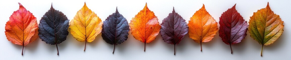 Wall Mural - Colorful autumn leaves arranged in a gradient pattern showing the spectrum of fall colors on a white background Generative AI