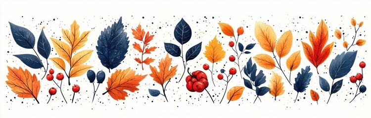 Wall Mural - Watercolor illustration of autumn leaves and red berries with ink splatters on a white background in artistic botanical style Generative AI
