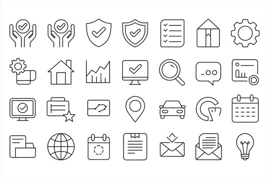 Collection of business and technology icons in a clean line art silhouette style