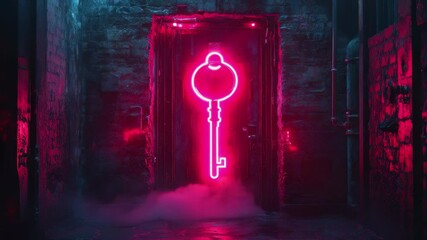 Poster - Neon key illuminates a mysterious alleyway entrance at night in a vibrant urban setting
