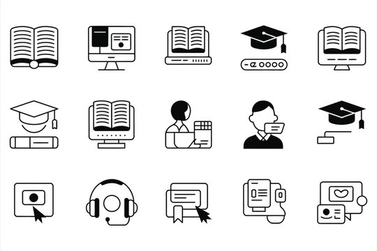 Collection of educational icons representing online learning and academic achievements silhouette