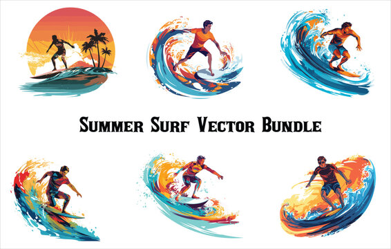 
summer surf vector bundle , ,Surfers surfing and carrying their boards, Summer Holidays, Travel, Surfing, Beach, Labels and Badges , Surfing landscape, 
