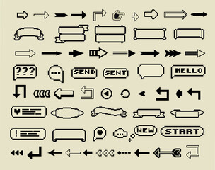 Fototapete - Pixel art frames. Retro 8 bit buttons, arrows, speech bubble messages and quote frame. Game UI vector template set of pixel game frame, 8 bit message illustration
