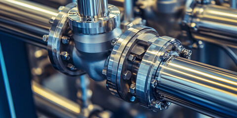 Poster - Close-up view of polished stainless steel piping system Generative AI
