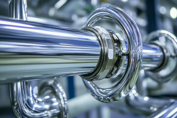 Poster - Close-up view of polished stainless steel piping and fittings Generative AI