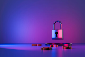 colorful padlock floating above keyhole with broken key pieces on neon gradient background, symboliz