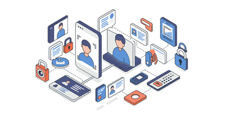 Poster - Isometric vector illustration of digital communication and security in modern technology design
