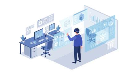 Aufkleber - Futuristic workplace with virtual reality: modern office in isometric vector illustration for tech design