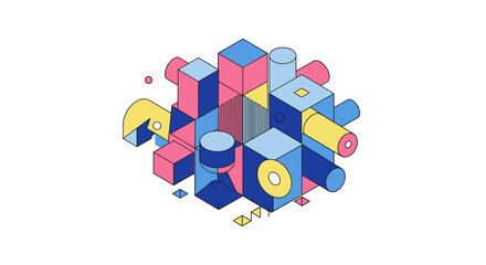 Poster - Geometric abstract vector illustration: colorful cubes and shapes in isometric style for design projects