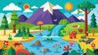 © skcpdesign - Vibrant cartoon landscape with mountains river waterfall trees and diverse animals