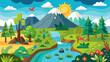 © skcpdesign - Vibrant cartoon landscape with a waterfall mountains trees flowers birds and a deer under a sunny sky