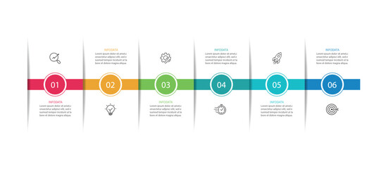 Poster - Business Timeline Infographic Design Template with 6 options. Presentation, Plan and Project. Vector Illustration.
