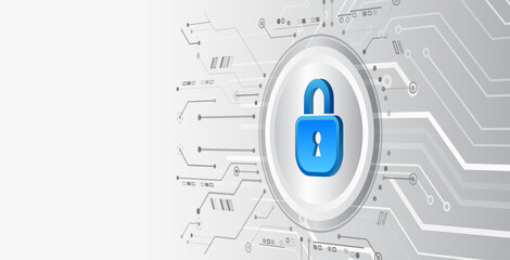 Poster - Modern cyber background with printed circuit board, blue padlock on light hi-tech background. Symbolizes data protection, network security and digital reliability. For information security themes.