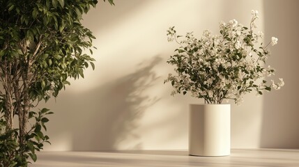 Poster - Blooming flowers in a modern vase beside a leafy plant in a softly lit indoor space