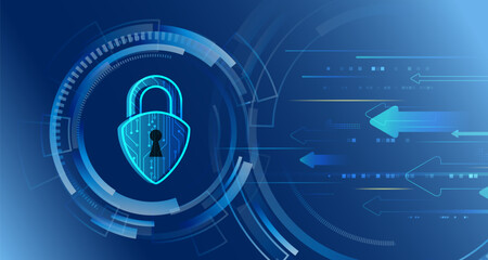 Poster - Cybersecurity concept with padlock and digital arrows on futuristic tech blue background. Perfect for data protection, privacy or network security themes.