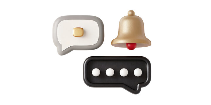 A set of three 3d rendered icons isolated on transparent background includes a gold bell, a gray speech bubble with a small gold square inside, and a black speech bubble with three white dots