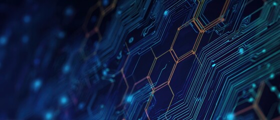 Fototapete - The intricate pattern of a futuristic circuit board design with glowing elements.