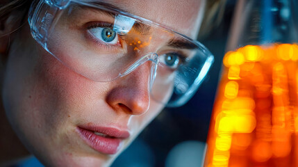 Poster - A female scientist wearing protective goggles carefully observes a glowing orange solution in a laboratory flask, reflecting intense concentration