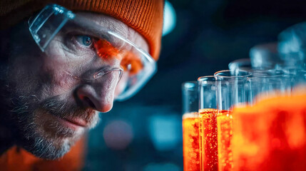 Poster - A focused male scientist in safety goggles examines test tubes filled with vibrant orange liquid in a laboratory setting