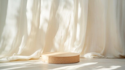 Poster - Minimalist circular platform on a light background with flowing curtains in a bright indoor setting